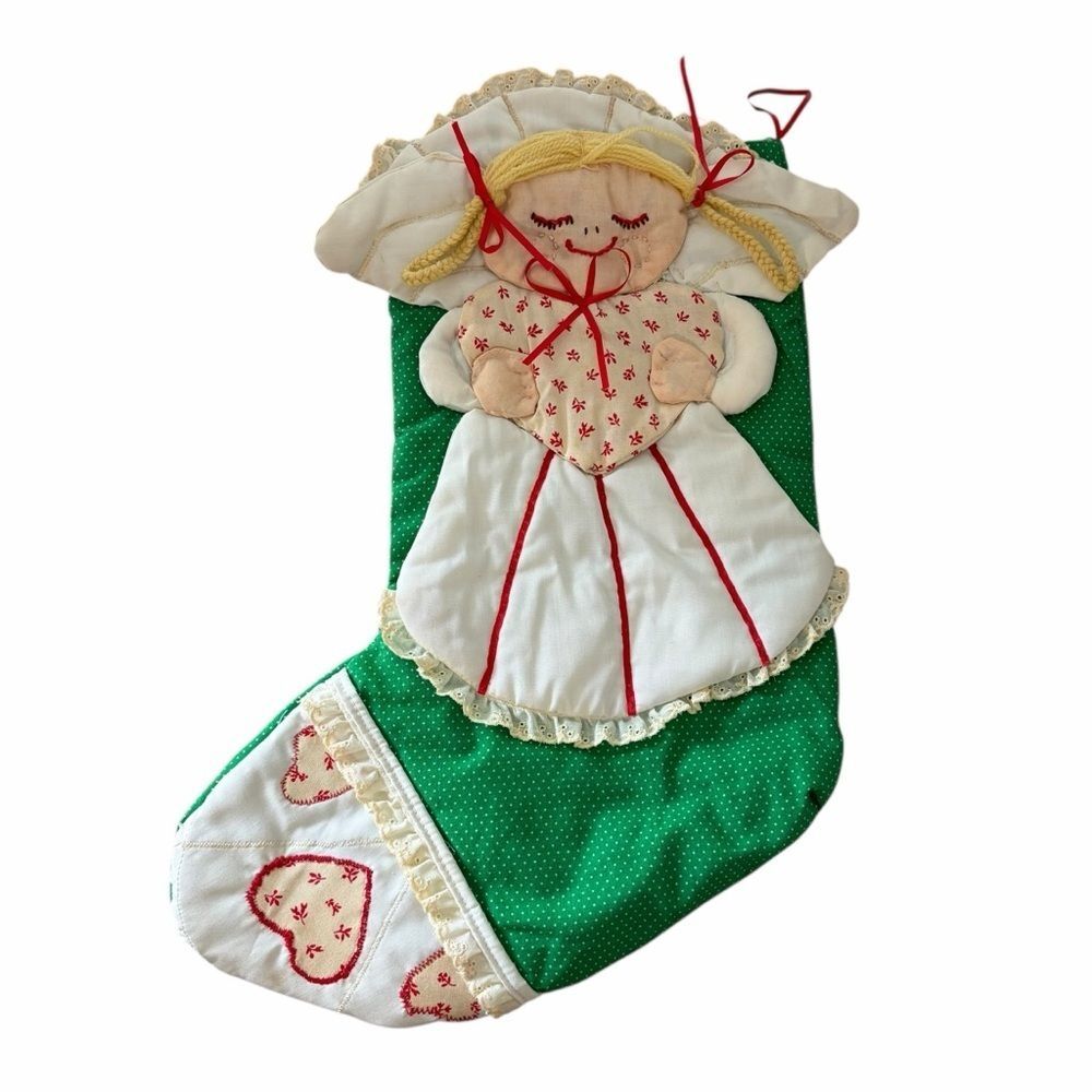 Vintage Handmade Green Christmas Stocking with Doll Design | Country Cottage